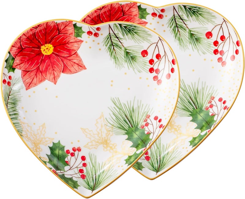 fMSDD 8 Inch Heart Shape Plate with Christmas Pattern, Ceramic Tray for Serving Appetizer, Cake, Candy and Holiday Dishes, for Holiday Table, Christmas Party or Festival Celebrations, Set of 2, Red Berries - Image 1